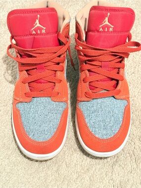 Jordan Kids High-Top Sneakers in Red and Light Denim